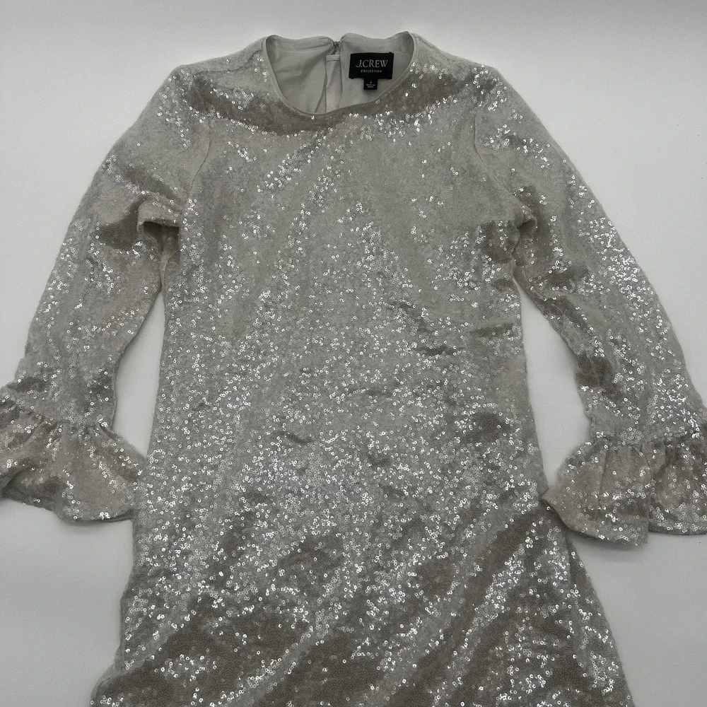 J.Crew Collection Silver Sequin Ruffle Sleeve Shift Dress Size 0‎ Party Cocktail